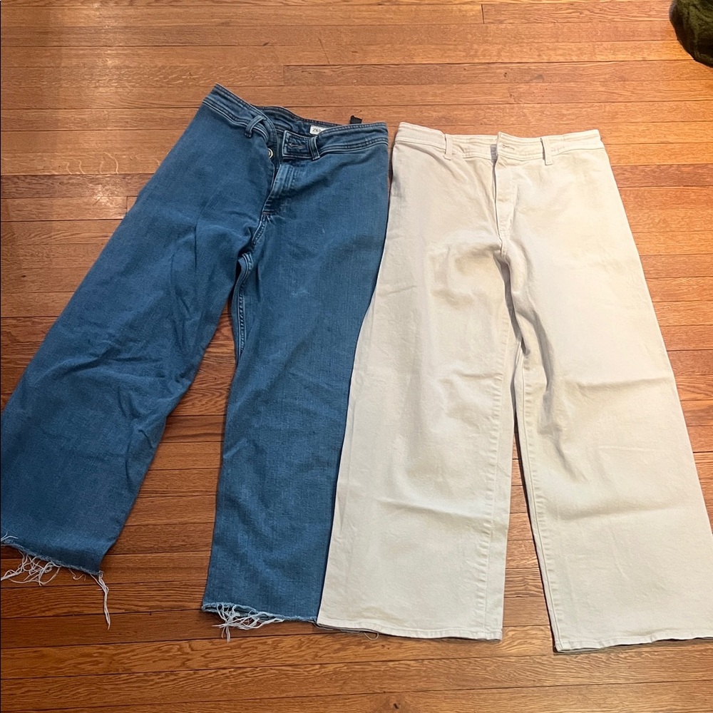 Zara Blue and Cream Flare & Wide Leg Jeans